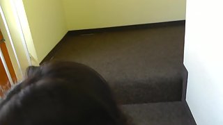 Hot brunette getting cum all over her tits after being ass-fucked on the stairs